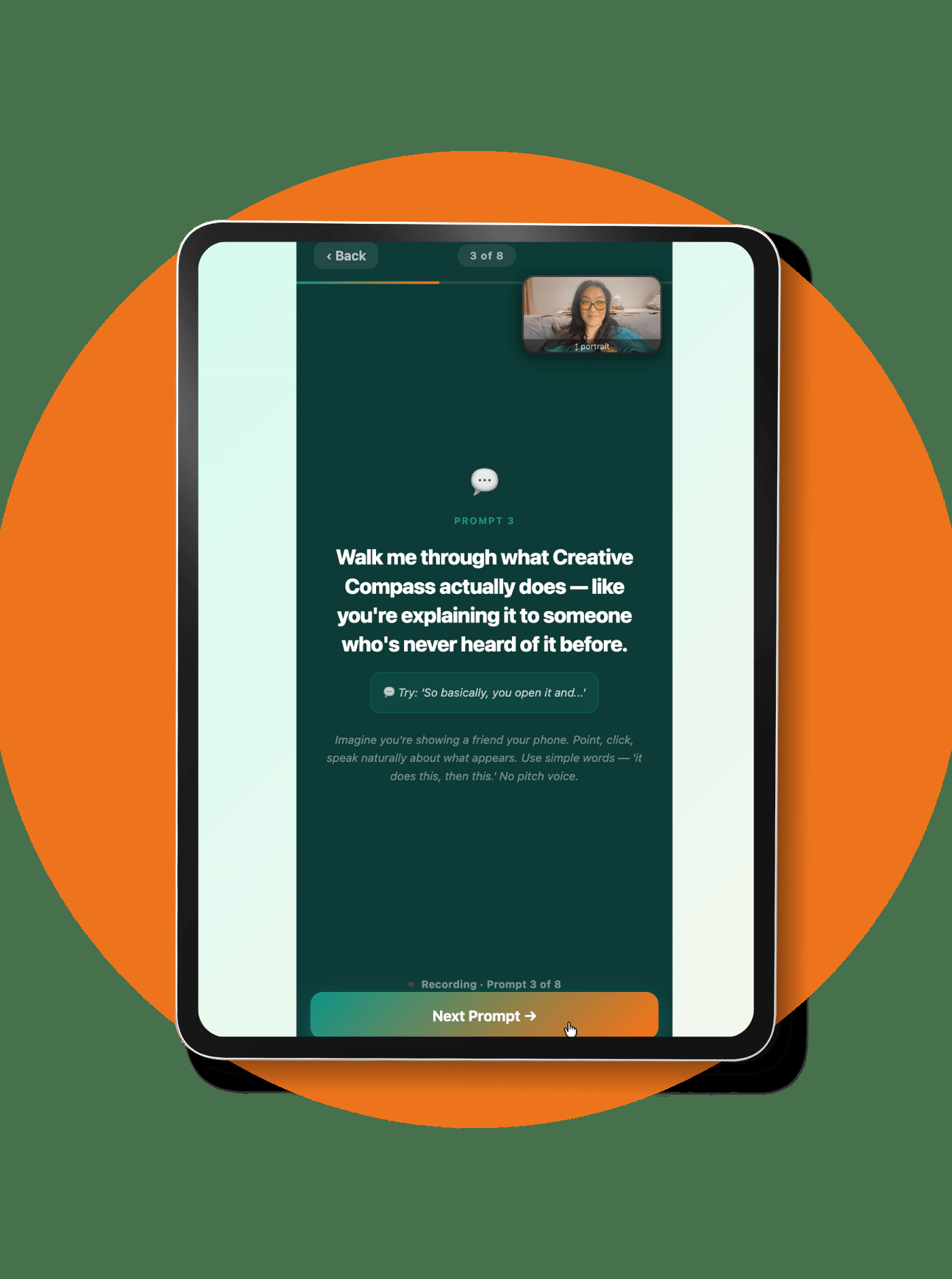 Creative Compass filming screen — prompt 3 of 8, picture-in-picture preview of the filmmaker in the corner