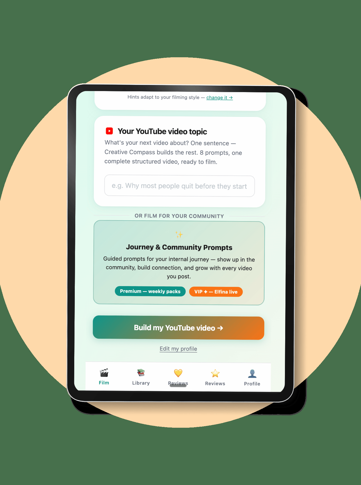 Creative Compass home screen — YouTube video topic input plus Journey & Community Prompts card, ready to start a session