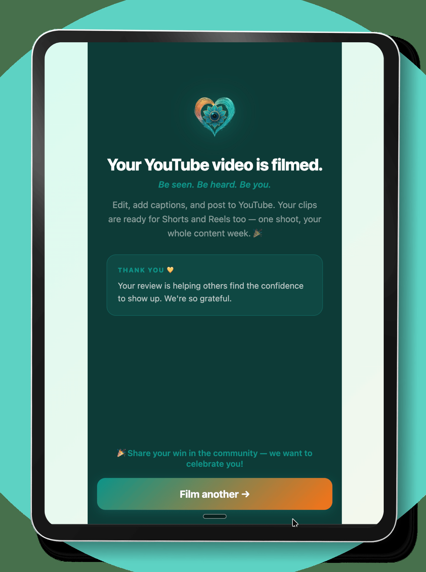 Your YouTube video is filmed — the done screen after a Creative Compass session